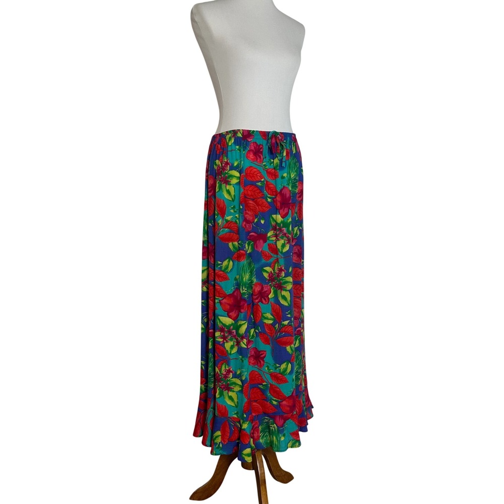 CM Shapes Tropical Floral Maxi Skirt Blue Red Rayon Pull On Vintage Womens L